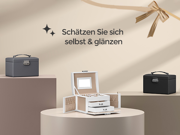 Schmuckkästchen 3 Ebenen, 2 Schubladen, mit Spiegel, modern, weiß JBC154W01