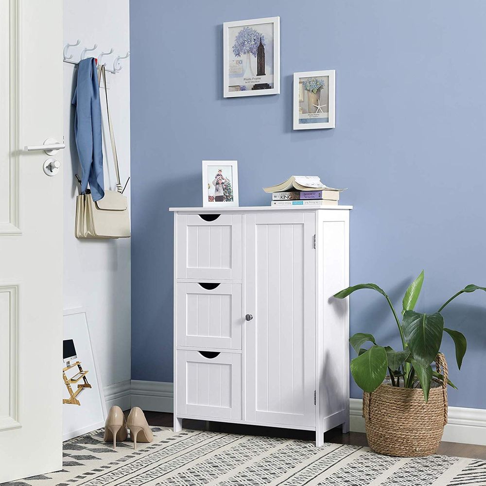 VASAGLE Bathroom Floor Storage Cabinet Bathroom Cabinet with 3 Large Drawers and 1 Adjustable Shelf White