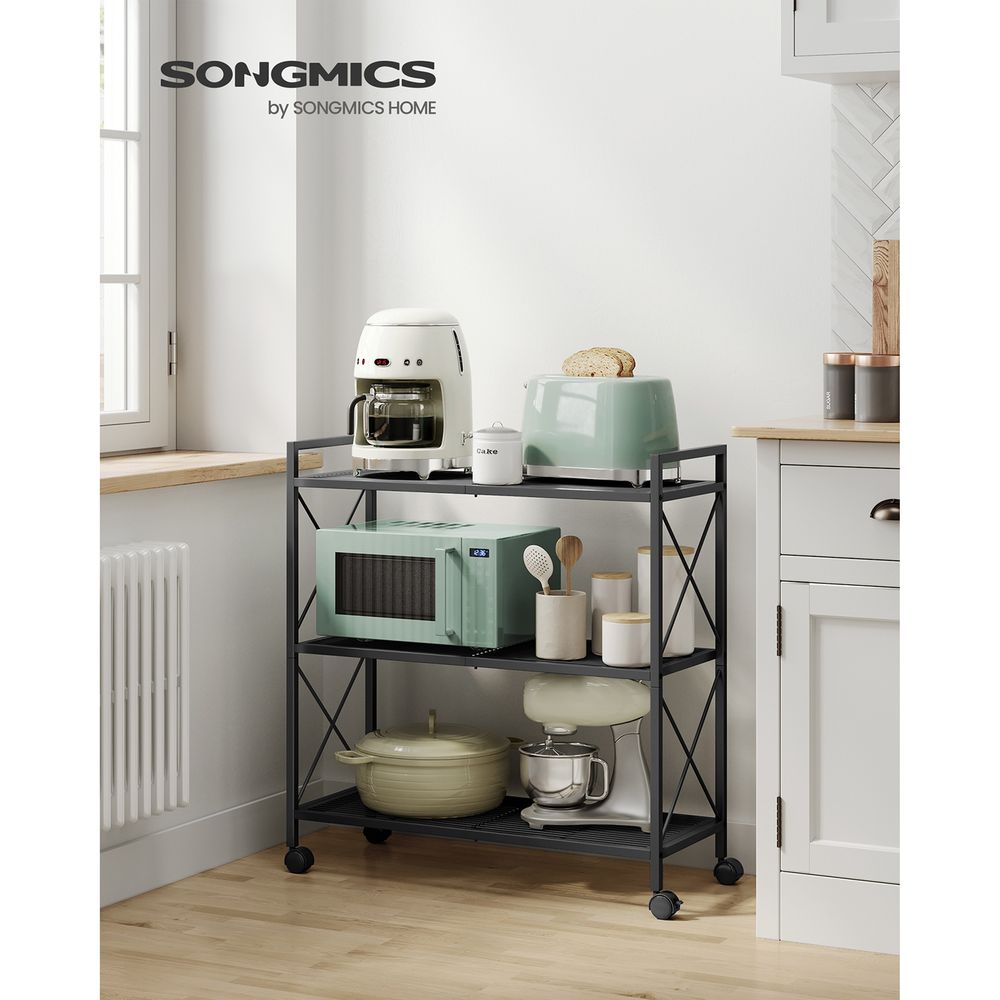 SONGMICS 3-Tier Metal Storage Rack with Wheels, Mesh Shelving Unit with x Side Frames, 23.6-inch Width, for Entryway, Kitchen, Living Room, Bathroom
