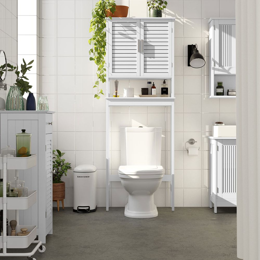 SONGMICS Over-the-Toilet Storage Bathroom Cabinet with Adjustable Inside Shelf and Bottom Stabilizer Bar Natural, Beige