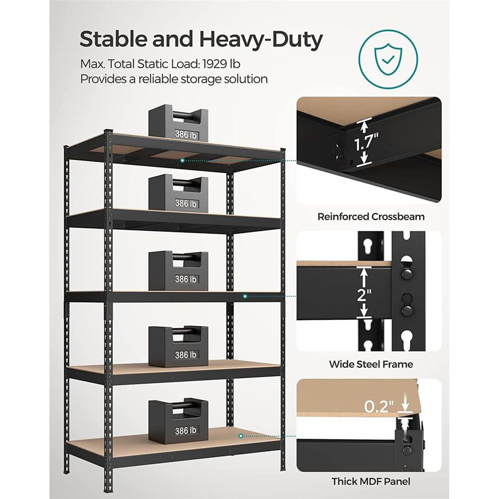 SONGMICS 5-Tier Storage Shelf Shelving Unit Heavy Duty Kitchen Storage Metal Garage Storage Organizer with x Side Frames Black