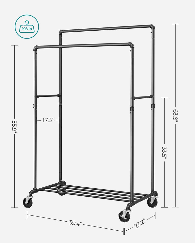 SONGMICS Heavy-Duty Clothes Rack, 39.4 Inch Clothing Rack with Storage  Shelf, Double-Rod Garment Rack on Wheels, Industrial Double Rod Metal  Clothing