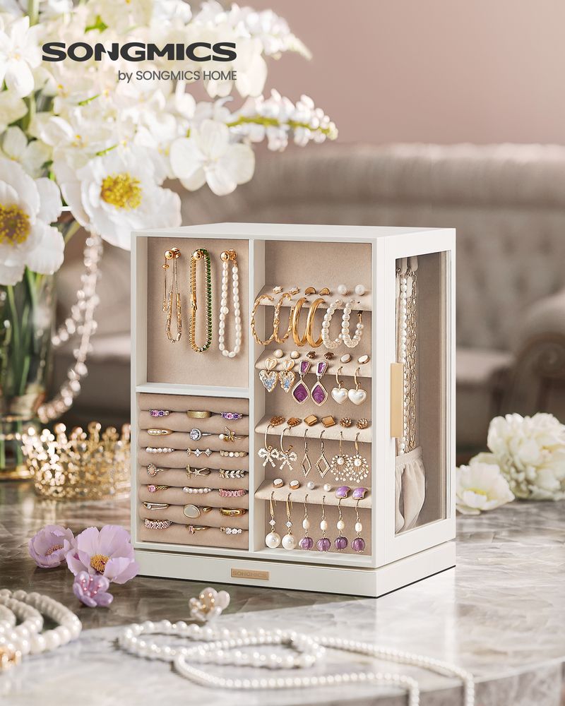 SONGMICS Rotating Vertical Jewelry Box with 5 Drawers, Cloud White