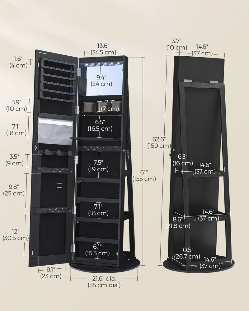 SONGMICS LED Mirror Jewelry Cabinet Standing - Thumbnail 5