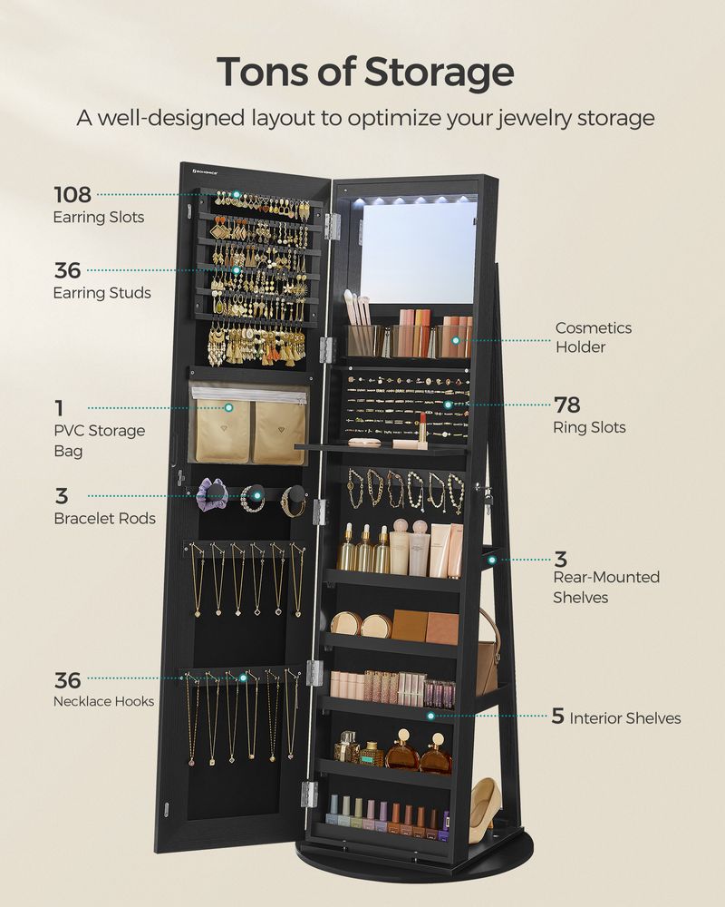 SONGMICS LED Mirror Jewelry Cabinet Standing - Thumbnail 3