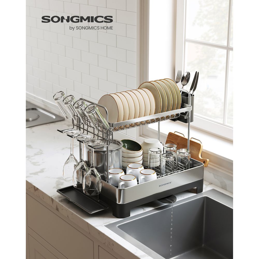  SONGMICS Dish Drying Rack, Rustproof Aluminum Dish Drainer  with 21.1-28.2 Inches Expandable Drainboard, Rotatable Spout, for Kitchen  Counter, Glass and Cup Holders, Silver and Black UKCS031E01