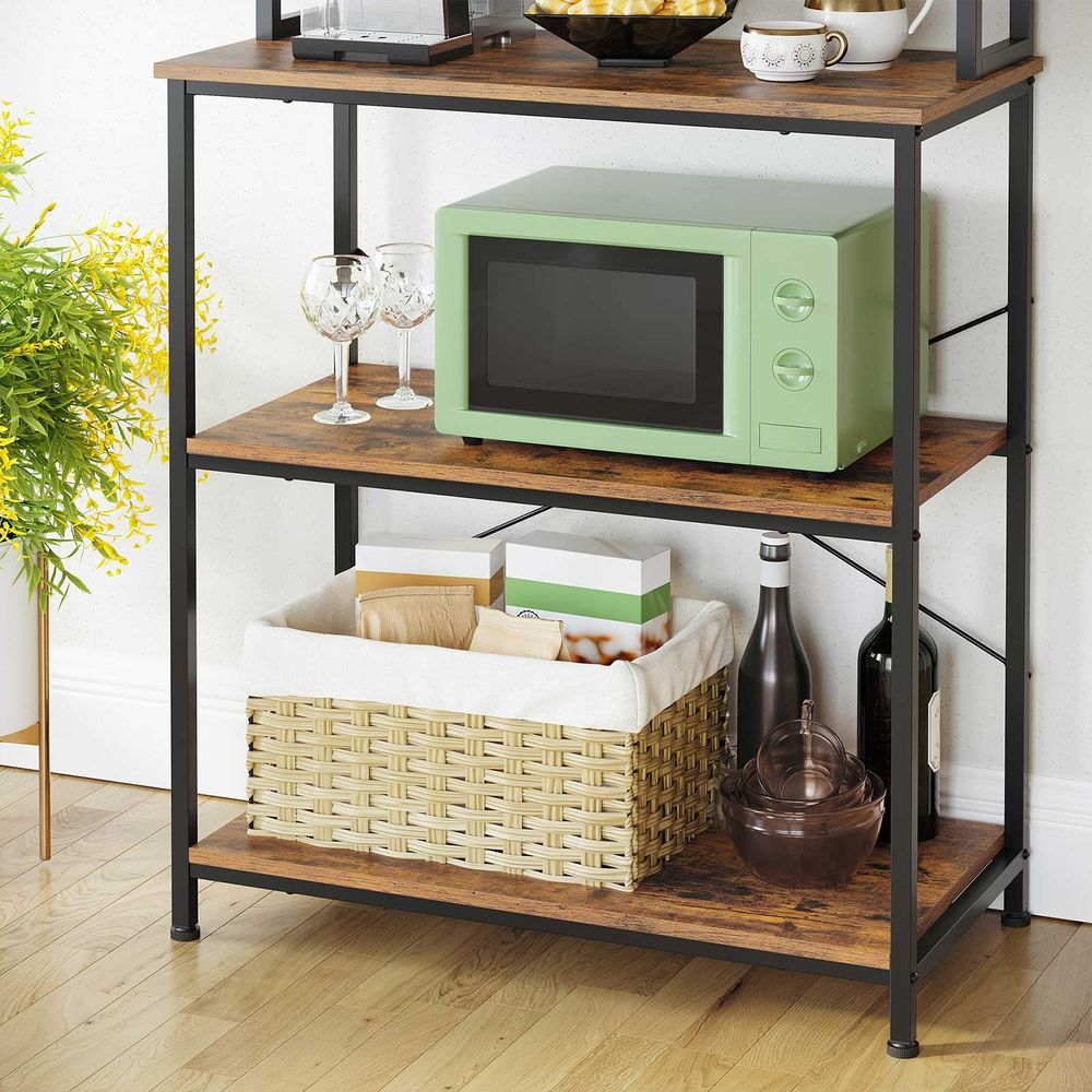 Baker's Rack, Coffee Station, Microwave Oven Stand, Kitchen Shelf with Wire  Basket, 6 S-Hooks