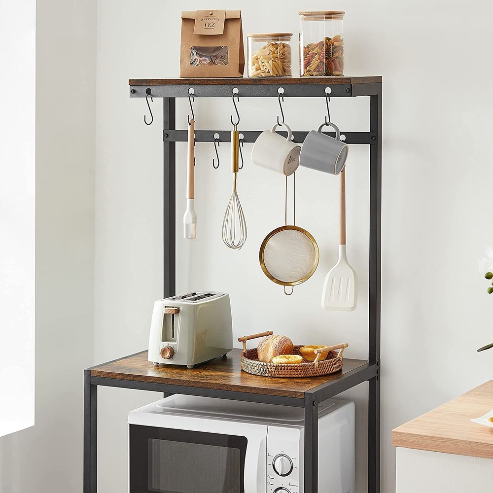 VASAGLE Baker's Rack, Microwave Stand with Wire Basket, 6 Hooks, and Shelves, for Spices, Pots, and Pans, Rustic Brown and Black