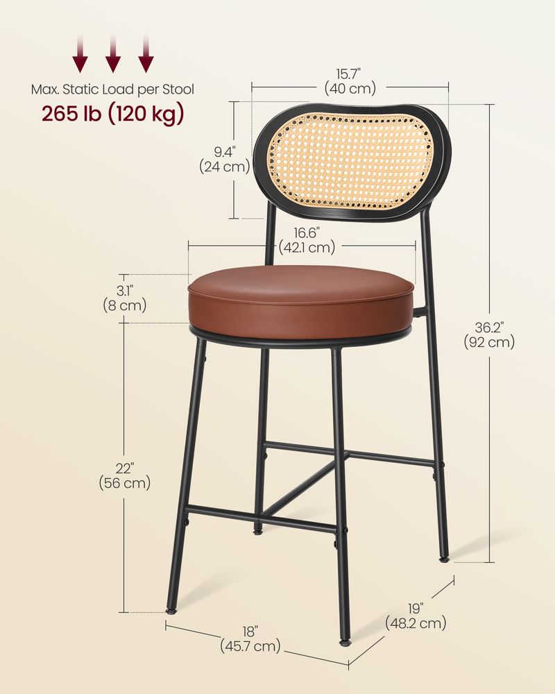 VASAGLE Counter Height Bar Stool with PE Rattan Back Set of 2 - Thumbnail 3