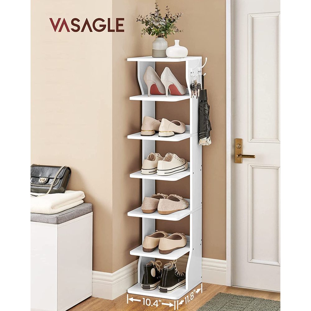 VASAGLE 7 Tier Vertical Shoe Rack, Narrow Shoe Storage Organizer with  Hooks, Slim Wooden Corner Shoe Tower Rack, Robust and Durable, Space Saving  for
