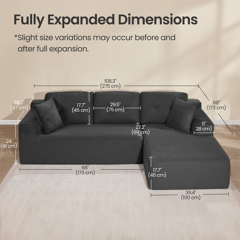 VASAGLE 108.3 Inches Boneless Couch with Chaise, Modular Sectional Sofa - Thumbnail 4