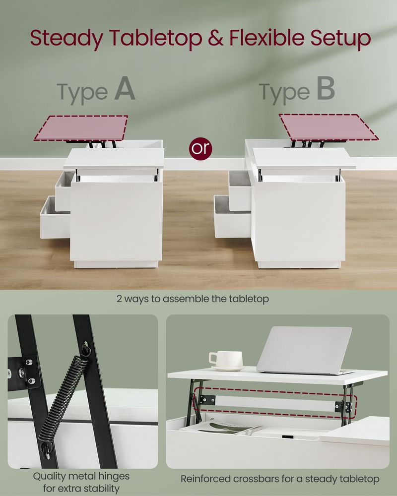VASAGLE Lift-Top Coffee Table with 2 Drawers - Thumbnail 4