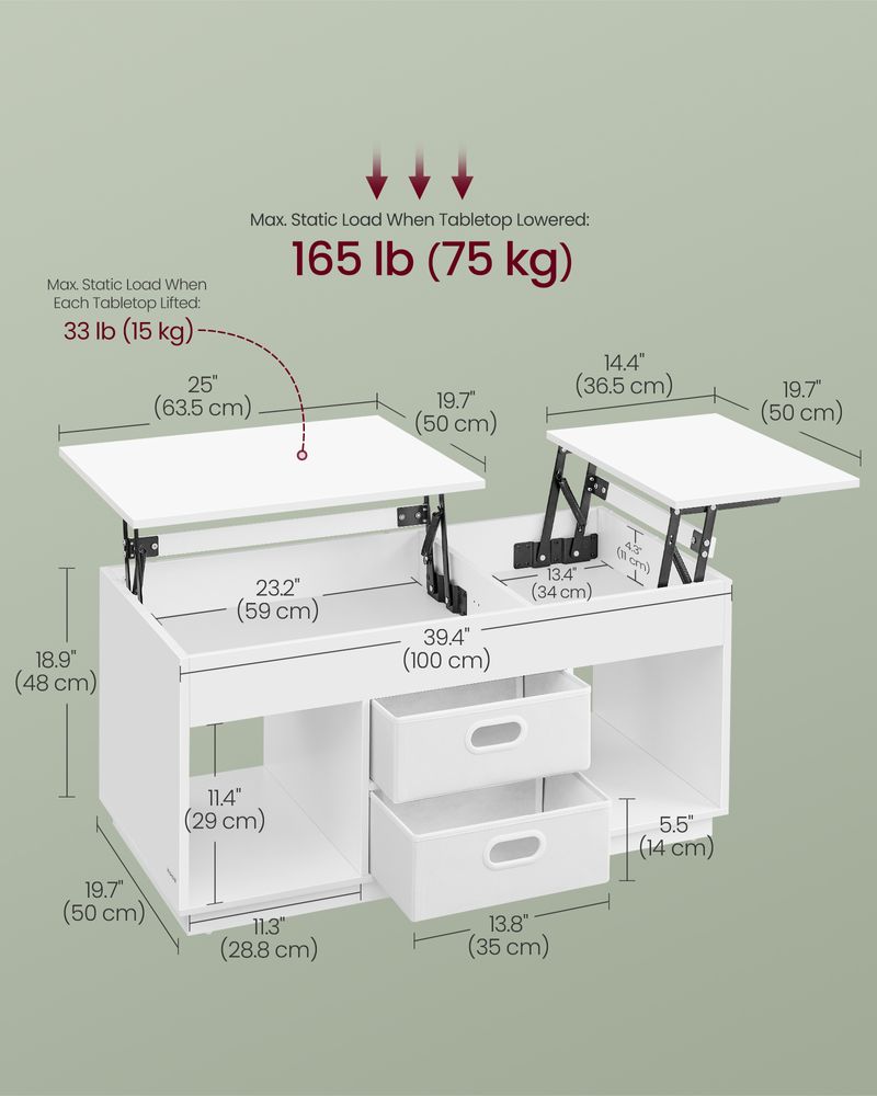 VASAGLE Lift-Top Coffee Table with 2 Drawers - Thumbnail 5