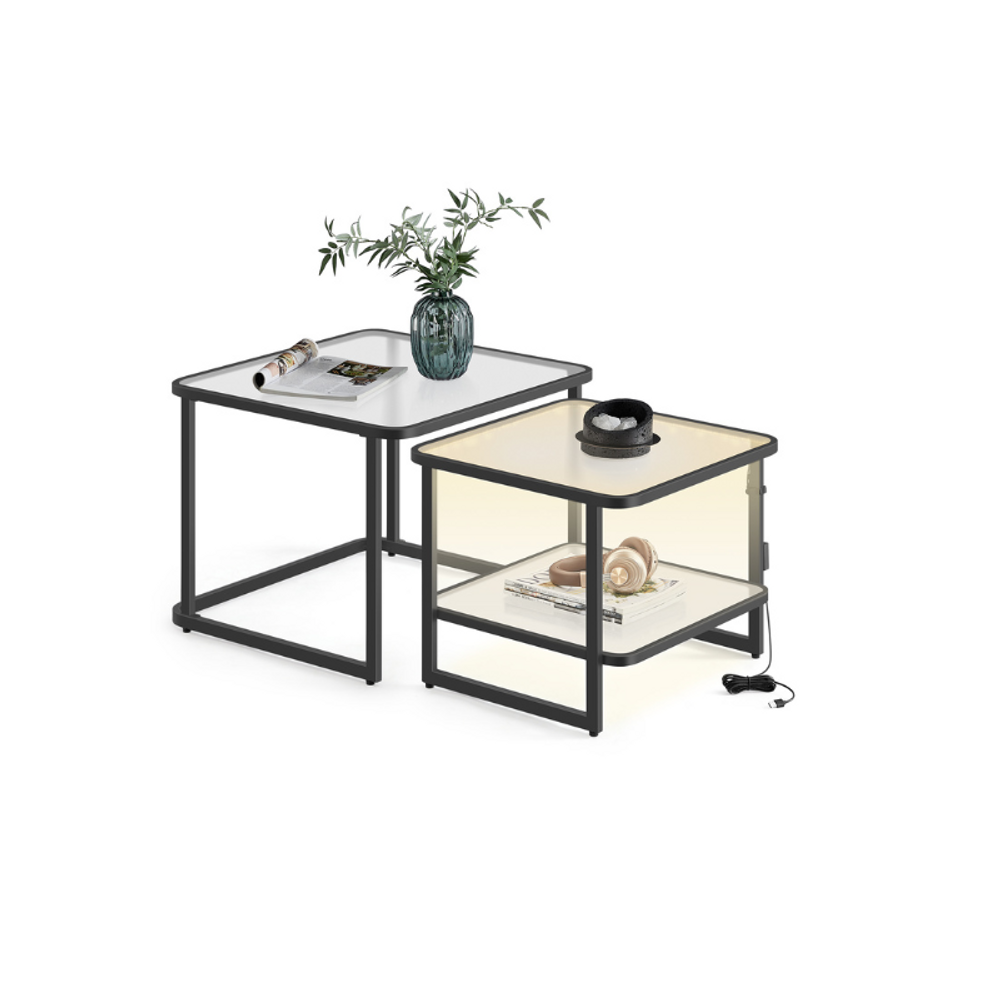 VASAGLE Frosted Glass Coffee Table with LED Lights Set of 2 - Thumbnail 4