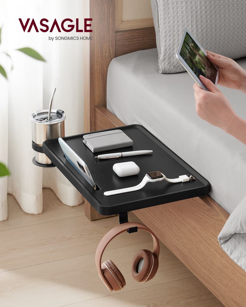 Bedside Shelf with Phone Slot, Cup Holder and Hook Ink Black