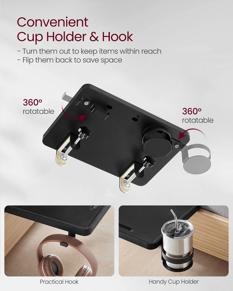 Bedside Shelf with Phone Slot, Cup Holder and Hook Ink Black