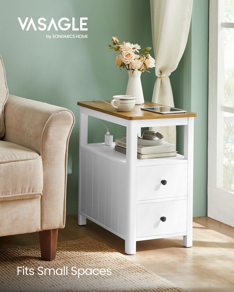 VASAGLE Side Table with Charging Station and 2 Drawers