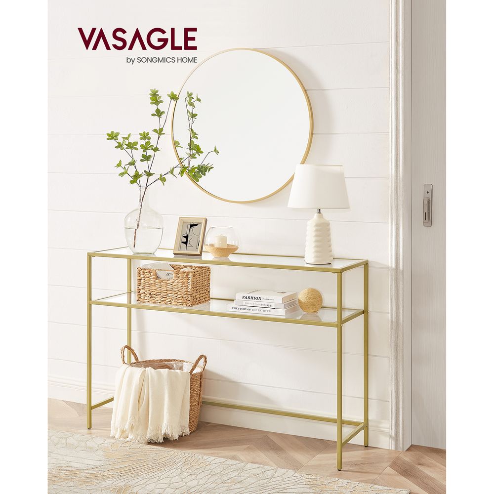 VASAGLE 39.4 Console Sofa Table Glass Gold Entryway Table 2 Shelves  Adjustable Feet Metal Frame for Living Room 