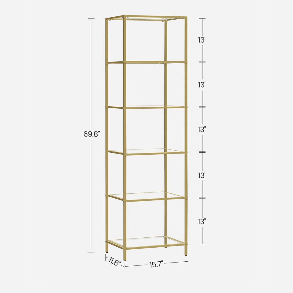 VASAGLE - Estantería de 6 niveles, estantería delgada para dormitorio,  baño, oficina en casa, vidrio templado, marco de acero, oro ULGT500A01