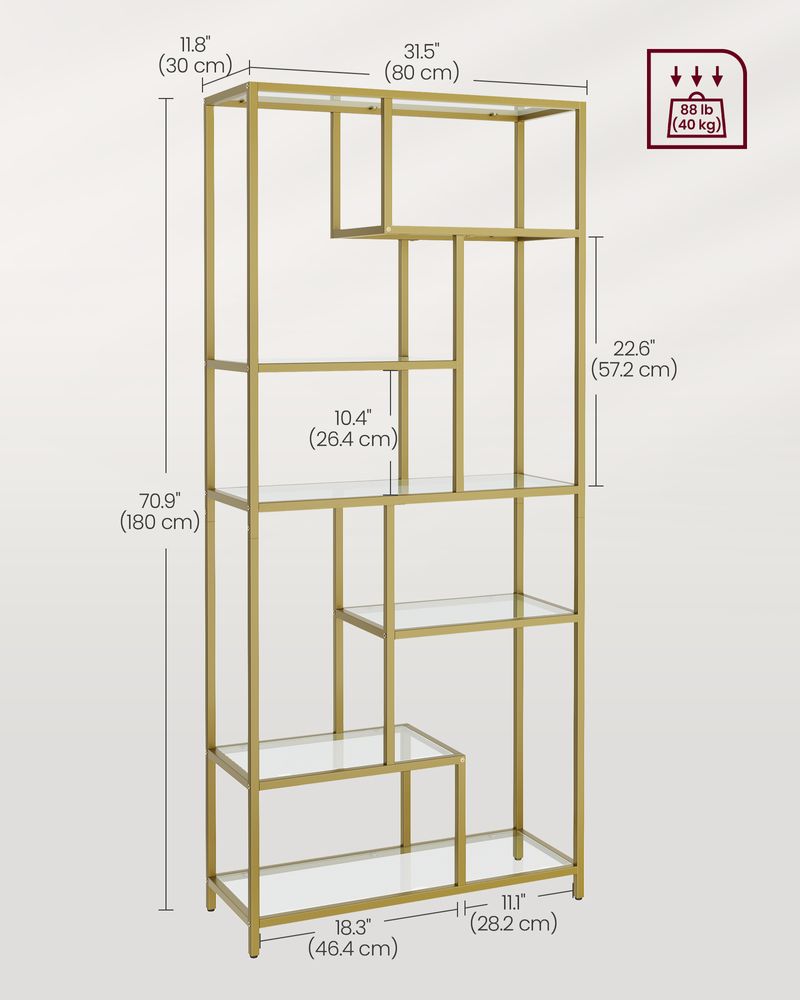 VASAGLE 6-Tier Tall Bookshelf with Tempered Glass Shelves - Thumbnail 2