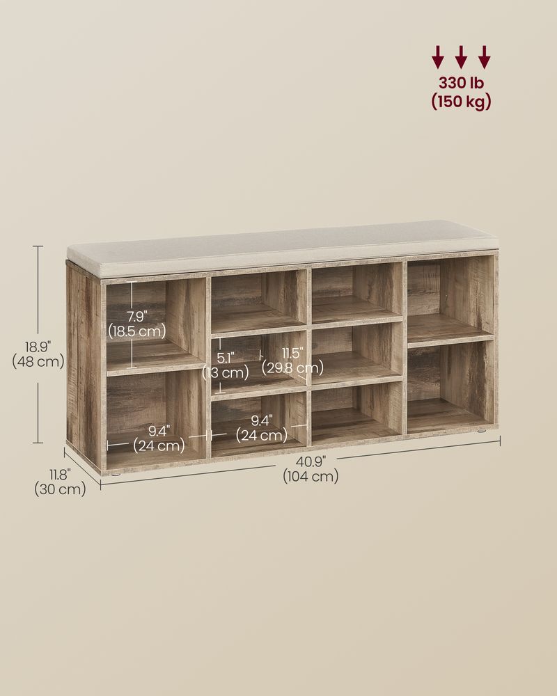 VASAGLE Shoe Bench with Cushion, Storage Bench with Padded Seat, Entryway Bench with 12 Compartments, Adjustable Shelves, for Bedroom, 11.9 x 40.9 x 18.9 Inches, Rustic Brown and Brown - Thumbnail 4