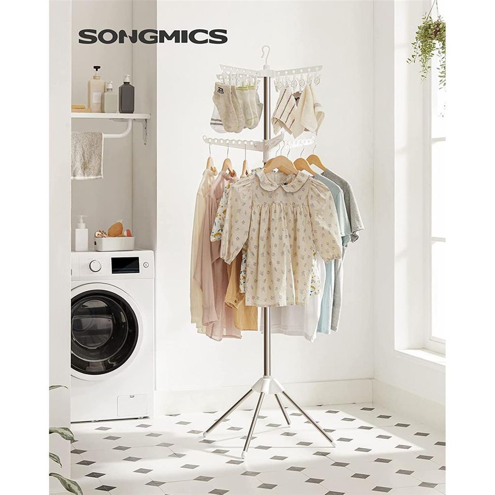 SONGMICS 2-Level Foldable Clothes Drying Rack, White + Silver