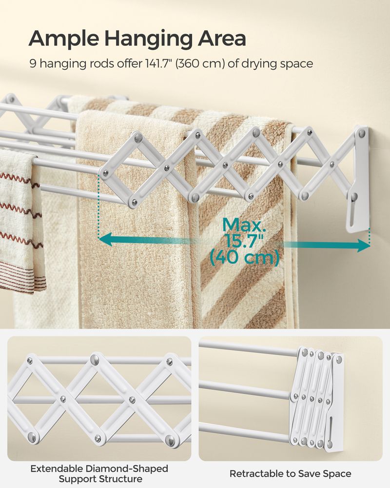 SONGMICS Wall-Mounted Expandable Steel Clothes Drying Rack with 9 Rods Cloud White, Cloud White