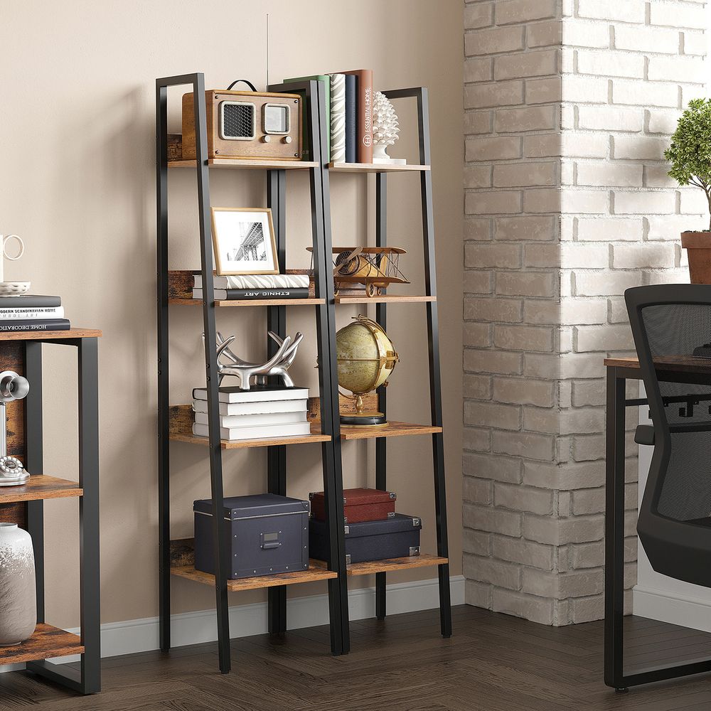 Ladder Shelf, popular 4-Tier Bookshelf, Storage Rack, Bookcase with Steel Frame Hazelnut