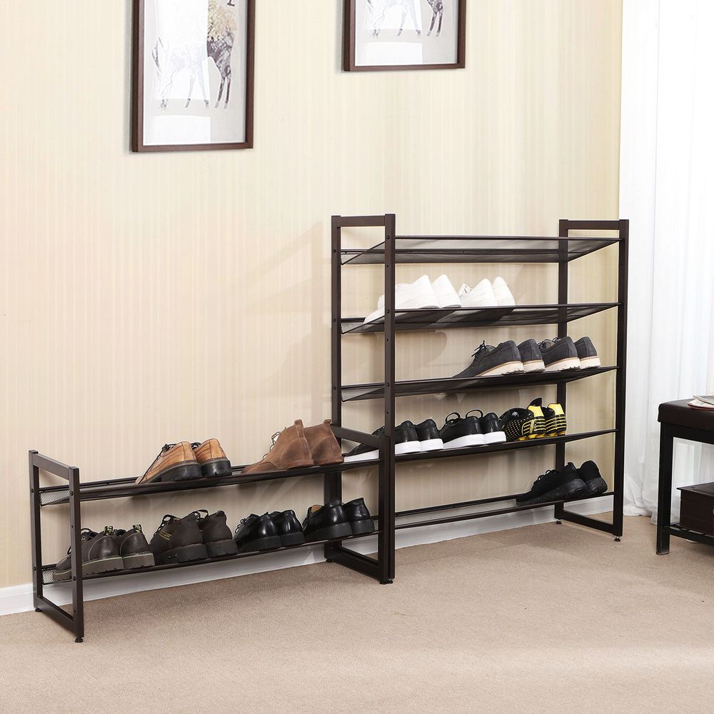 SONGMICS 2-Tier Stackable Metal Shoe Rack Flat Slant Adjustable Shoe Organizer Shelf for Closet Bedroom Entryway Bronze
