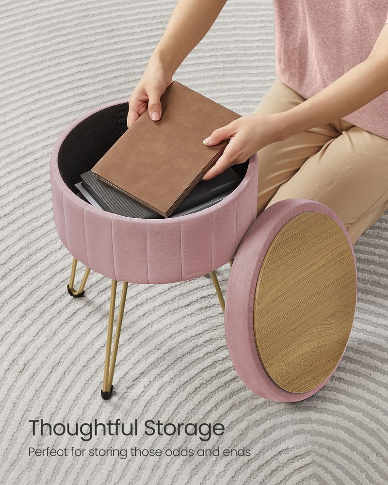 SONGMICS Round Storage Ottoman, Small popular Ottoman Stool with Storage, Vanity Chair