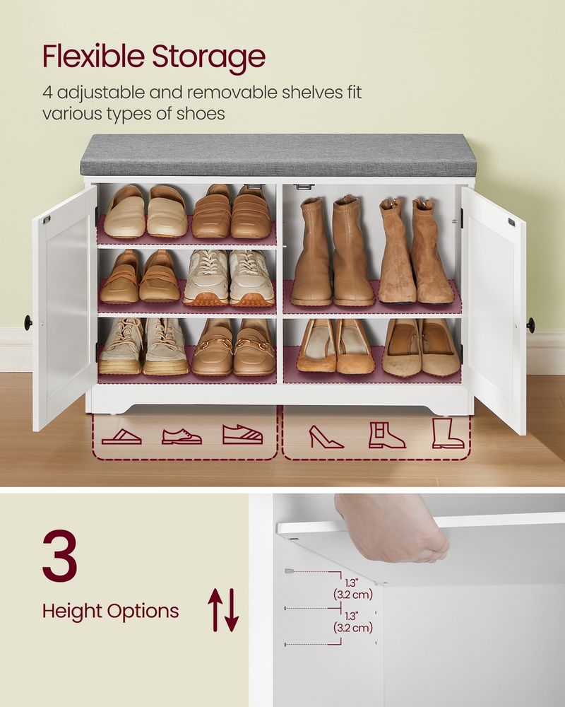 VASAGLE Shoe Bench with Cushion, Storage Bench with Padded Seat, Entryway Bench with 12 Compartments, Adjustable Shelves, for Bedroom, 11.9 x 40.9 x 18.9 Inches, Rustic Brown and Brown - Thumbnail 3