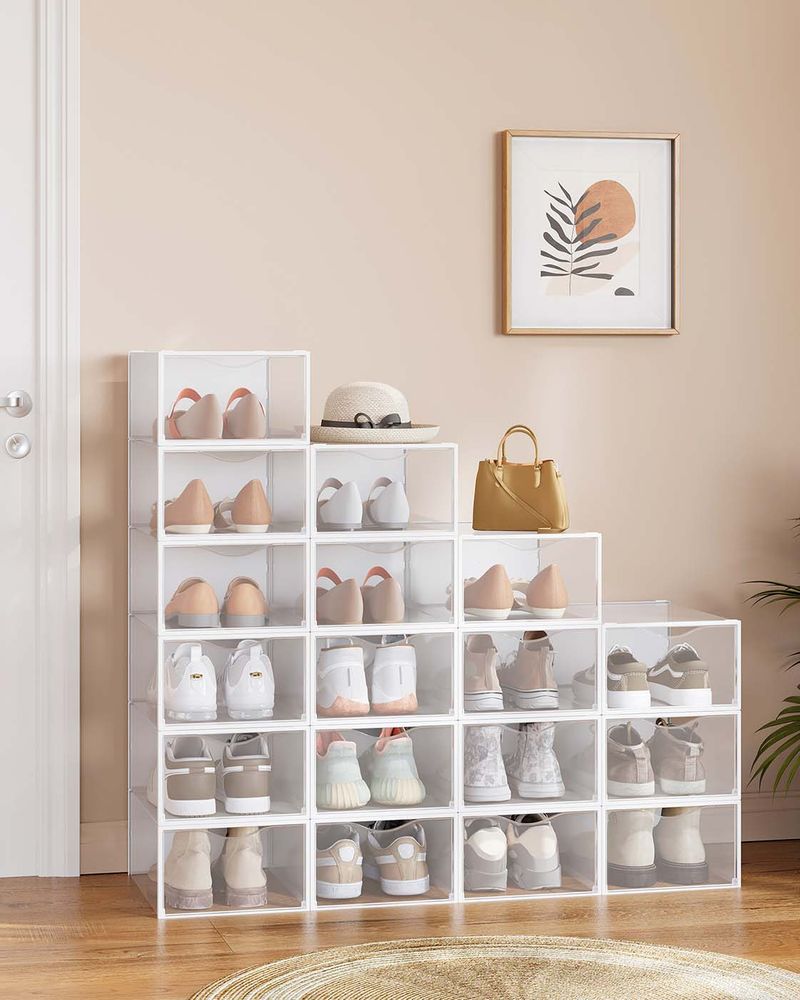 SONGMICS Stackable Shoe Boxes, Set of 18 Plastic Shoe Organizers with Door