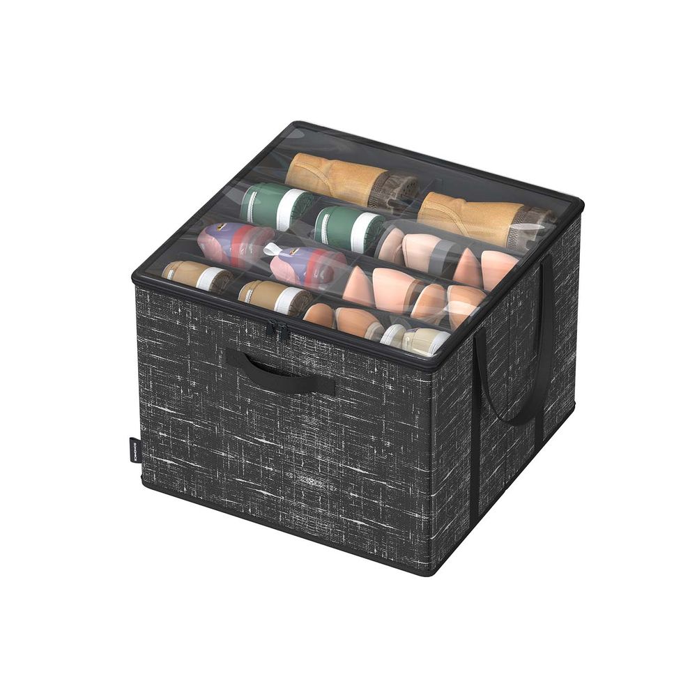 SONGMICS Fabric Shoe Organizer Bin with Handles and Clear Cover