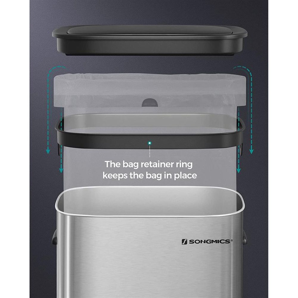 SONGMICS Motion Sensor Trash Can, 13 Gallon Automatic Garbage Can with Soft-Close Lid and Bag Retainer Ring, Stainless Steel, Touchless Kitchen