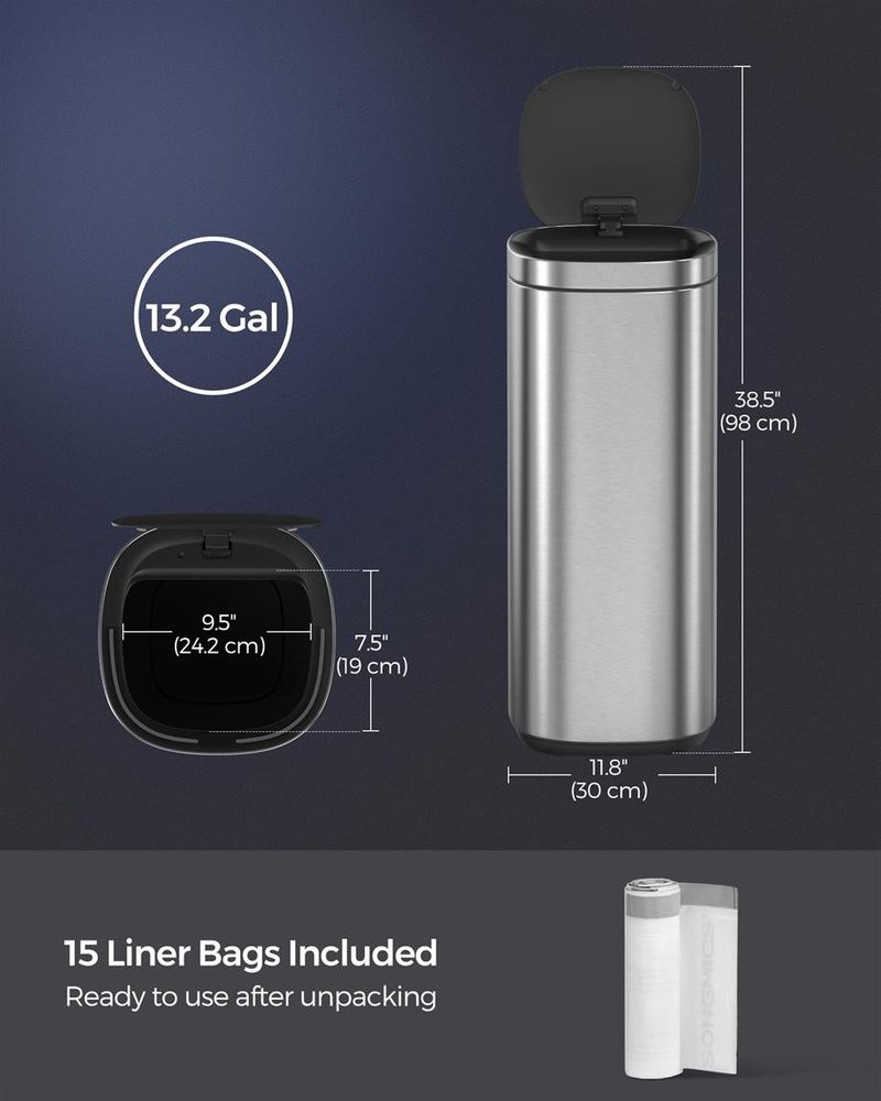 SONGMICS Slim Trash Can, 12.7 Gallon Garbage Can for Narrow Spaces with  Soft-Close Lid, Inner