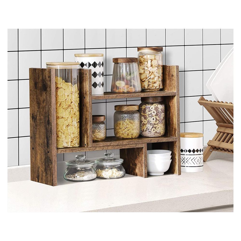 SONGMICS Spice Rack, 2-Tier Counter Shelf, Desktop Storage Organizer, for Countertop, Kitchen, Office, Living Room, Rustic Brown and Black UOFS046B01