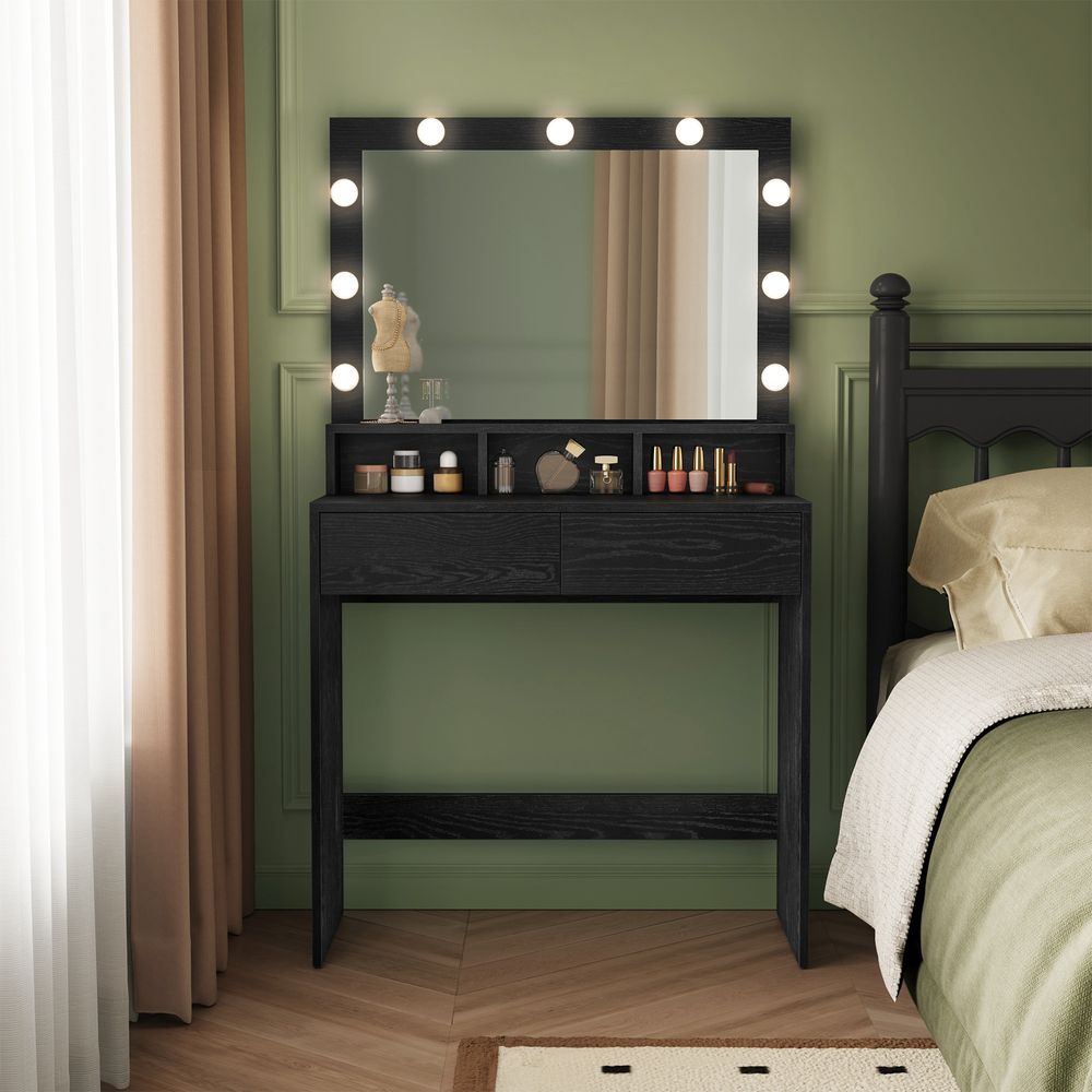 VASAGLE Vanity Desk with Mirror and Lights, Wide Makeup Vanity with Upholstered Vanity Stool