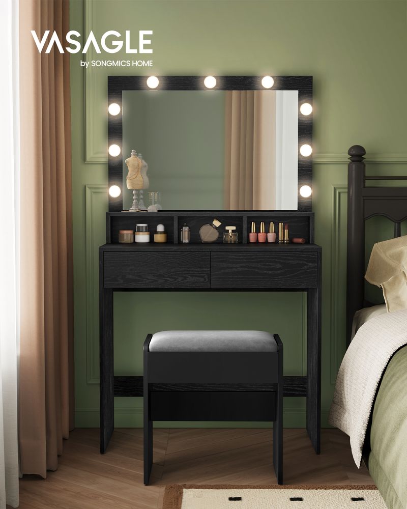VASAGLE Vanity Desk with Mirror and Lights, Wide Makeup Vanity with Upholstered Vanity Stool - Thumbnail 2