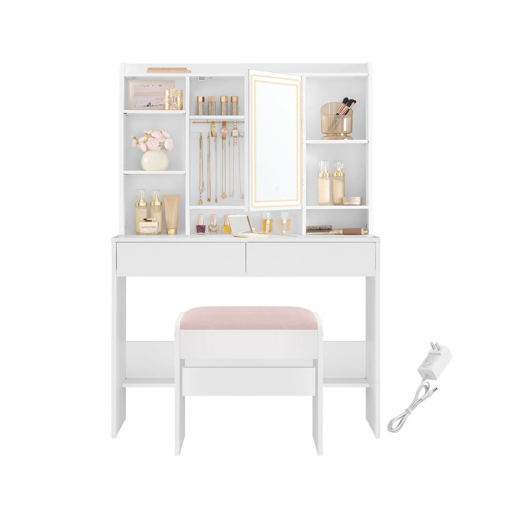 VASAGLE Vanity Desk with Mirror and Lights, Wide Makeup Vanity with Upholstered Vanity Stool - Thumbnail 4