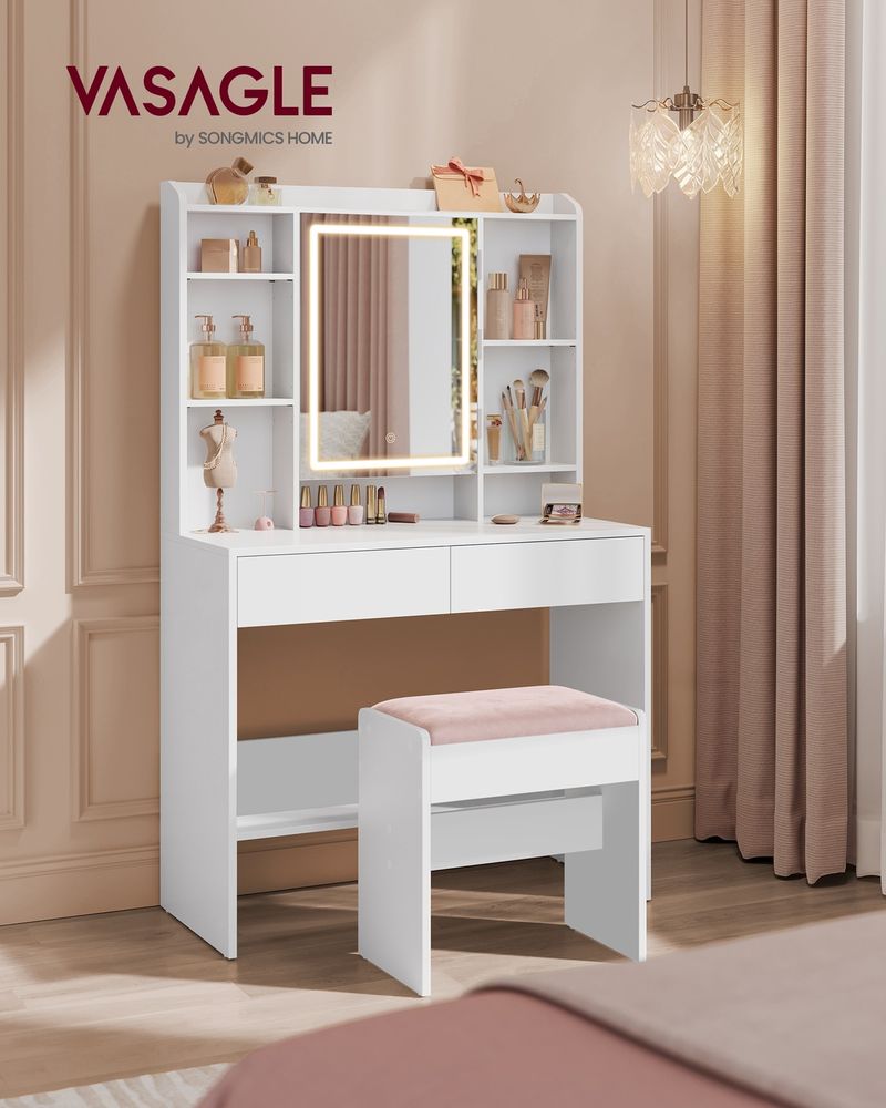 VASAGLE Vanity Desk with Mirror and Lights, Wide Makeup Vanity with Upholstered Vanity Stool - Thumbnail 3