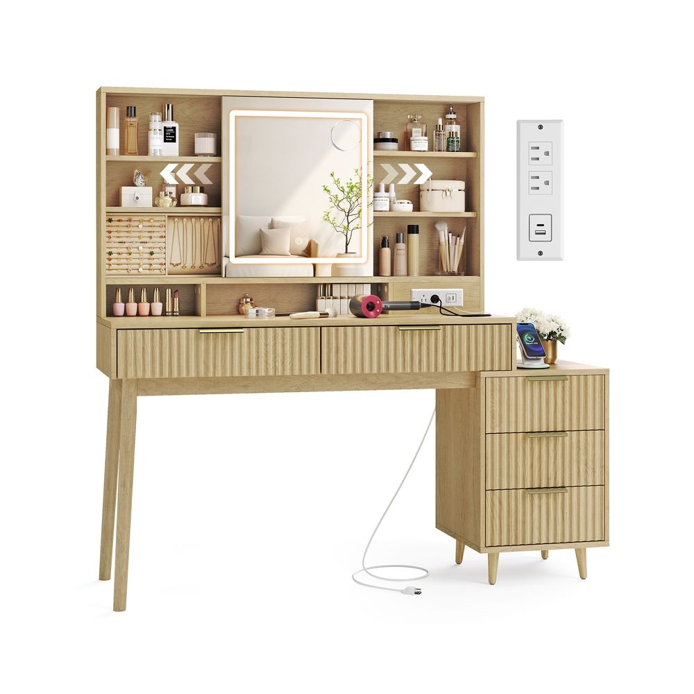VASAGLE MAXE Collection Vanity Desk with Sliding Mirror and Lights