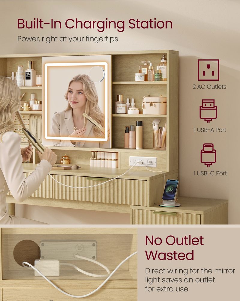 VASAGLE MAXE Collection Vanity Desk with Sliding Mirror and Lights - Thumbnail 4