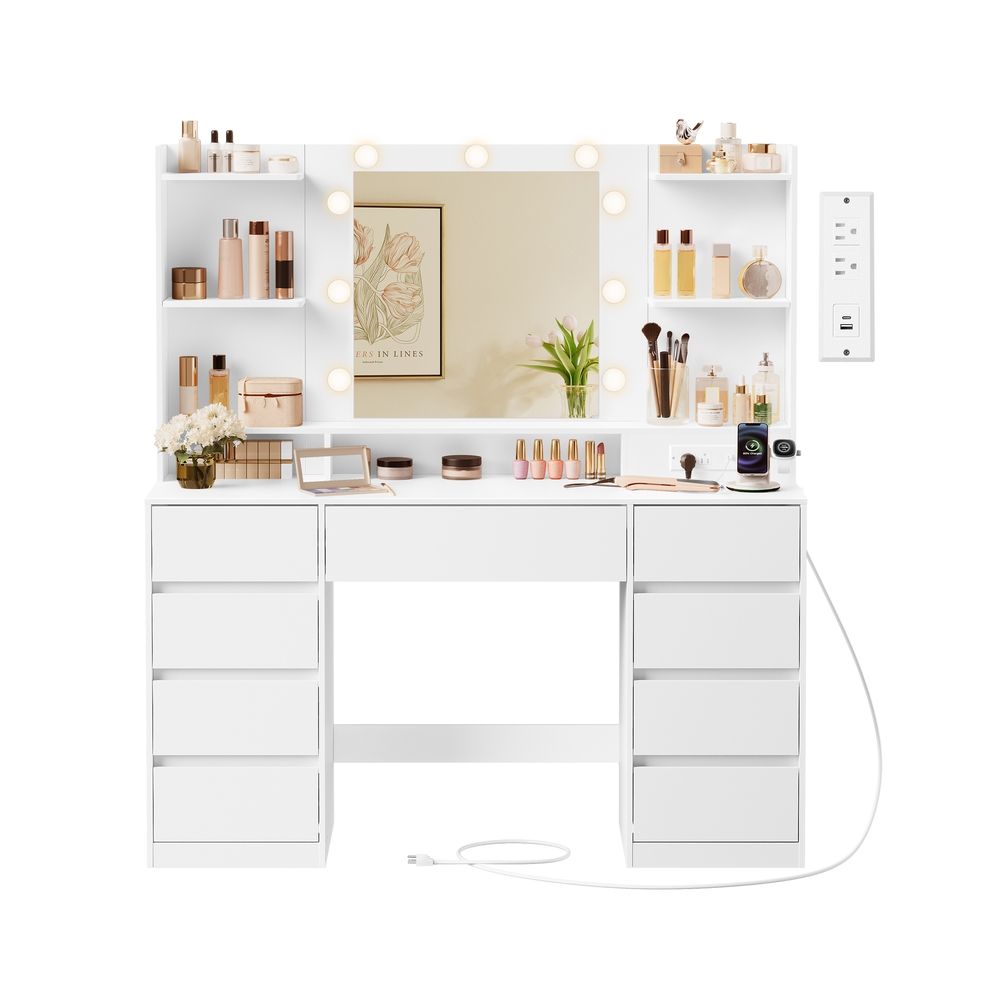 VASAGLE Kailyn Collection Vanity Desk with Mirror and 9 LED Bulbs - Thumbnail 2