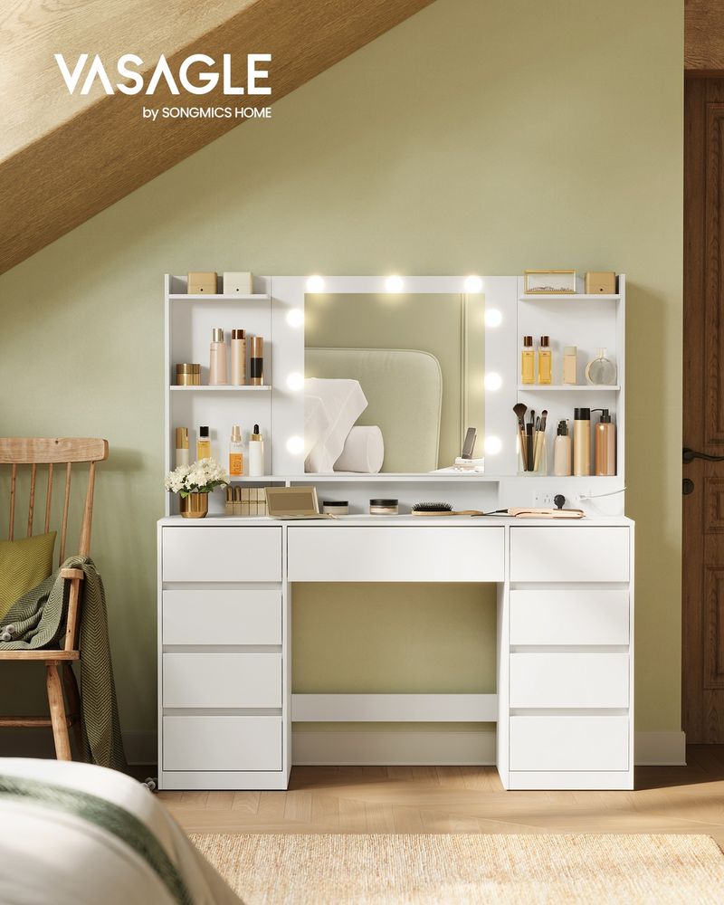 VASAGLE Kailyn Collection Vanity Desk with Mirror and 9 LED Bulbs