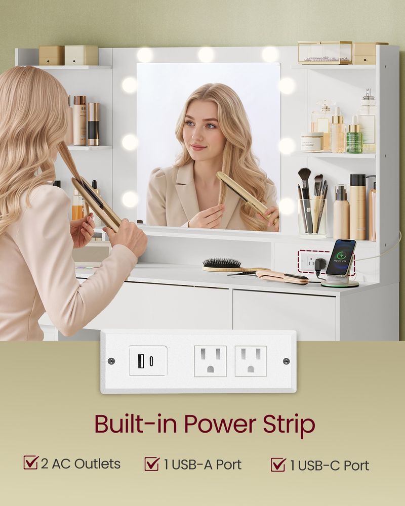 VASAGLE Kailyn Collection Vanity Desk with Mirror and 9 LED Bulbs - Thumbnail 4