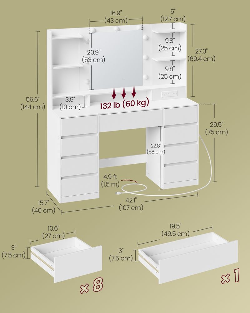 VASAGLE Kailyn Collection Vanity Desk with Mirror and 9 LED Bulbs - Thumbnail 5