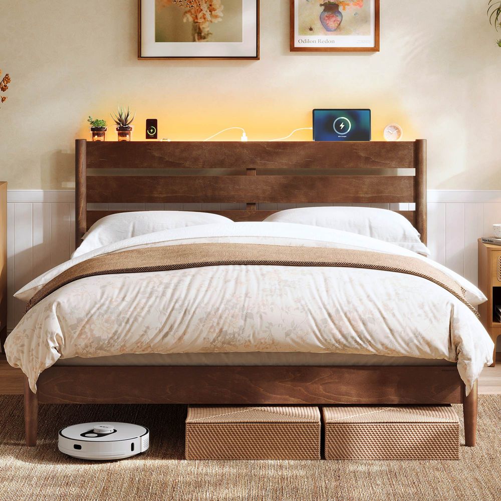 SONG MICS HOME Mid-Century Modern Bed Frame with LED Headboard and Charging Station