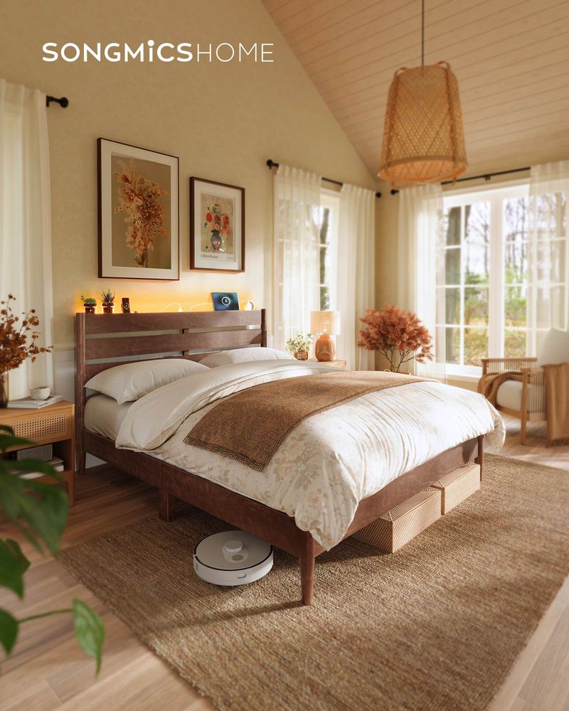 SONG MICS HOME Mid-Century Modern Bed Frame with LED Headboard and Charging Station - Thumbnail 2