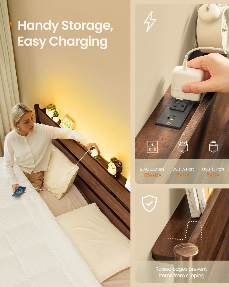 SONG MICS HOME Mid-Century Modern Bed Frame with LED Headboard and Charging Station - Thumbnail 3