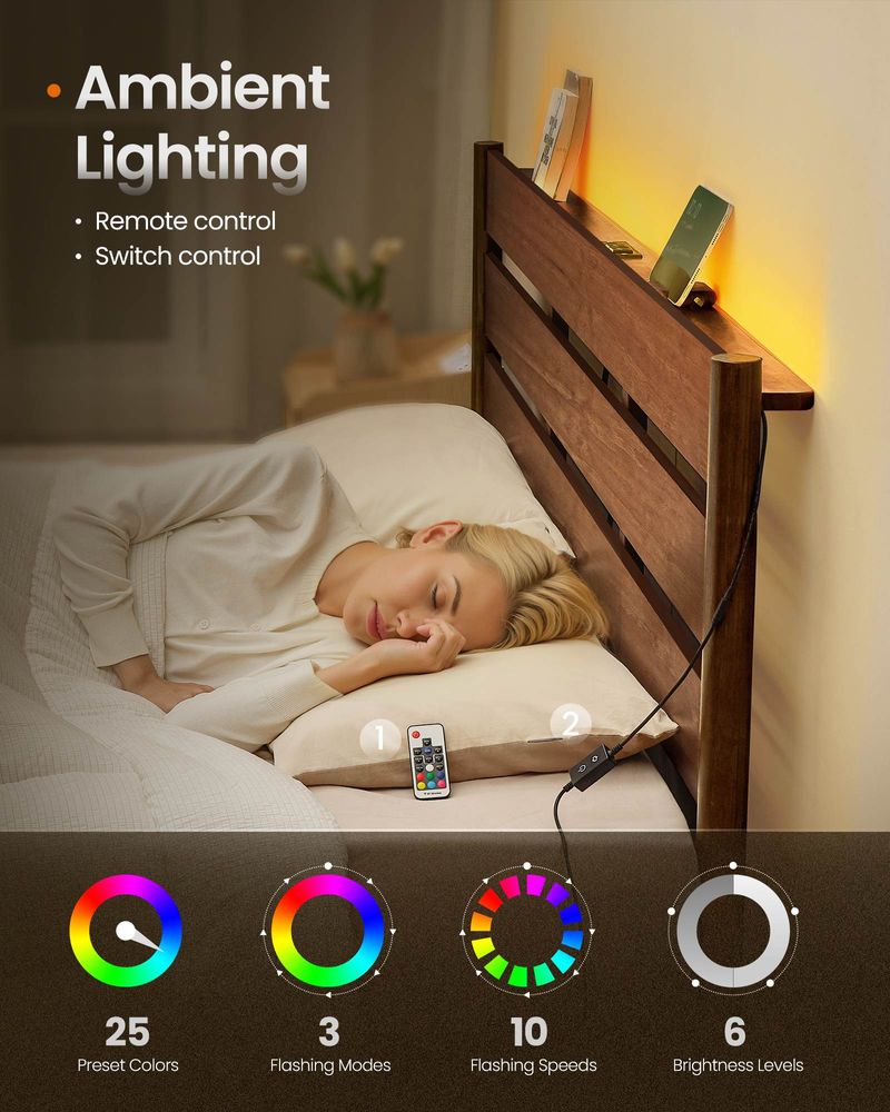 SONG MICS HOME Mid-Century Modern Bed Frame with LED Headboard and Charging Station - Thumbnail 5
